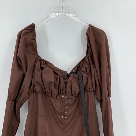 Pretty Little Thing puff sleeve lace-up waist jumpsuit chocolate brown new 12 - Picture 4 of 6
